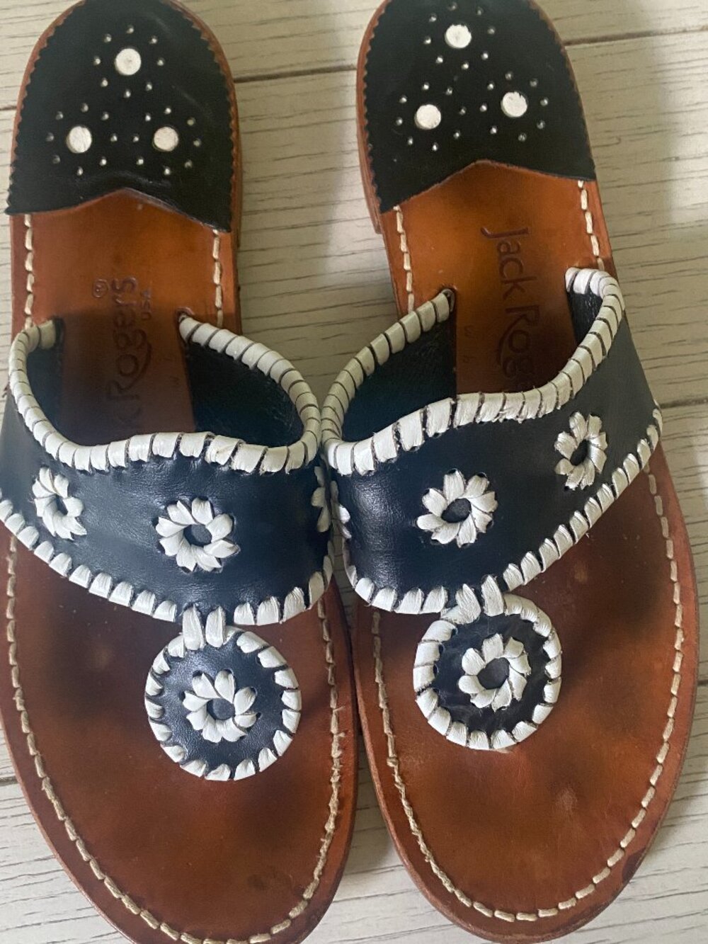 Jack Rogers original Jacks sandals, black with white stitching, size 9